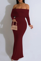Burgundy Sexy Solid Color Off Shoulder One Step Skirt Dresses