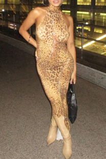 Leopard Print Elegant Leopard Print Patchwork Backless Strap Design Halter Irregular Dresses