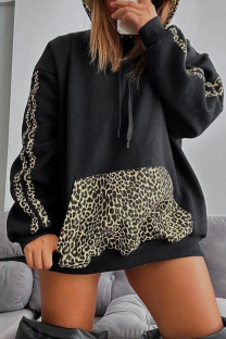 Black Casual Leopard Print Draw String Pocket Patchwork Hooded Tops