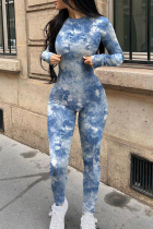 Blue Casual Print Patchwork Zipper O Neck Skinny Jumpsuits