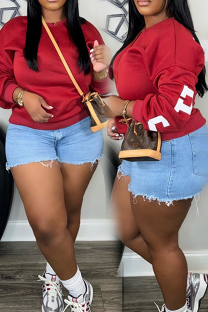 Burgundy Casual Letters Patchwork O Neck Tops