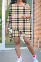 Khaki Casual Print Irregular Oblique Collar Plus Size Two Pieces