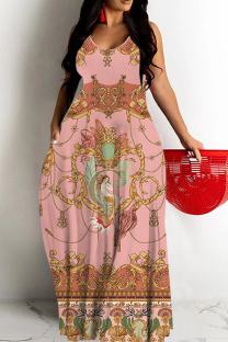 Coral Powder Casual Print Backless Spaghetti Strap Long Dresses