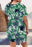 Red Green Casual Print Basic O Neck Short Sleeve Two Pieces