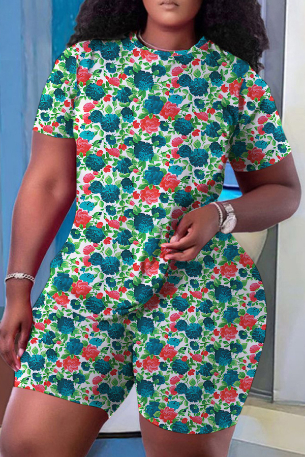 Red Green Casual Print Basic O Neck Short Sleeve Two Pieces