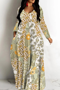 Green Yellow Casual Print Basic V Neck Long Dresses
