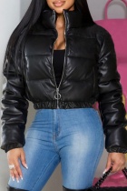 Black Casual Solid Color Zipper Mandarin Collar Outerwear
