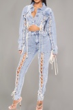 Sky Blue Casual Solid Color Belted Turndown Collar Long Sleeve Regular Denim Jacket