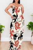 Multicolor Casual Print Backless Spaghetti Strap Long Dresses