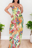 Multicolor Casual Print Backless Spaghetti Strap Long Dresses