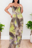 Multicolor Casual Print Backless Spaghetti Strap Long Dresses