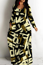 Brownness Casual Print Basic V Neck Long Dresses