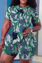Green Casual Print Basic O Neck Short Sleeve Two Pieces