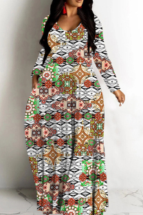 White Casual Print Basic V Neck Long Dresses