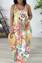 Beige Casual Print Backless Spaghetti Strap Long Dresses