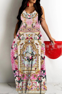 Pink Casual Print Backless Spaghetti Strap Long Dresses