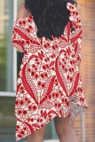 Pink Orange Casual Print Irregular Oblique Collar Plus Size Two Pieces