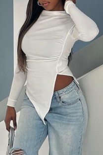 White Casual Solid Color Irregular O Neck Tops