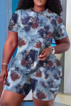 Blue Casual Print Basic O Neck Short Sleeve Two Pieces