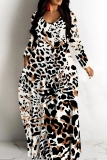 White Brown Casual Print Basic V Neck Long Dresses