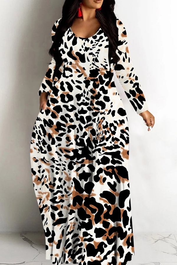 White Brown Casual Print Basic V Neck Long Dresses