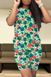 Red Green Casual Print Basic O Neck Short Sleeve Two Pieces