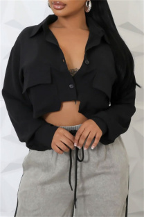 Black Casual Solid Color Pocket Buttons Shirt Collar Tops