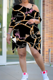 Pink Orange Casual Print Irregular Oblique Collar Plus Size Two Pieces
