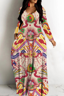 Red Casual Print Basic V Neck Long Dresses