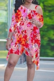 Pink Orange Casual Print Irregular Oblique Collar Plus Size Two Pieces
