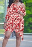 Pink Orange Casual Print Irregular Oblique Collar Plus Size Two Pieces