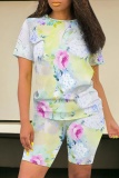 Red Green Casual Print Basic O Neck Short Sleeve Two Pieces