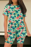 Red Green Casual Print Basic O Neck Short Sleeve Two Pieces