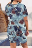 Red Green Casual Print Basic O Neck Short Sleeve Two Pieces