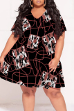 Multicolor Geometric Print Gradient Splashed ink printing Ruffle Contrast V Neck Printed Plus Size Dresses