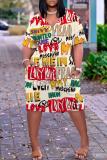 Black Casual Letter Print Basic V Neck Short Sleeve Plus Size Dresses