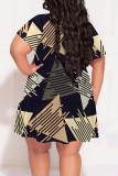 Multicolor Geometric Print Gradient Splashed ink printing Ruffle Contrast V Neck Printed Plus Size Dresses