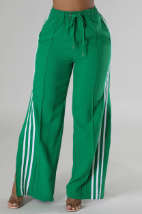 Light Green Casual Stripe Patchwork Slit Regular High Waist Conventional Patchwork Trousers