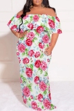 White Casual Print Patchwork Off Shoulder Long Plus Size Dresses