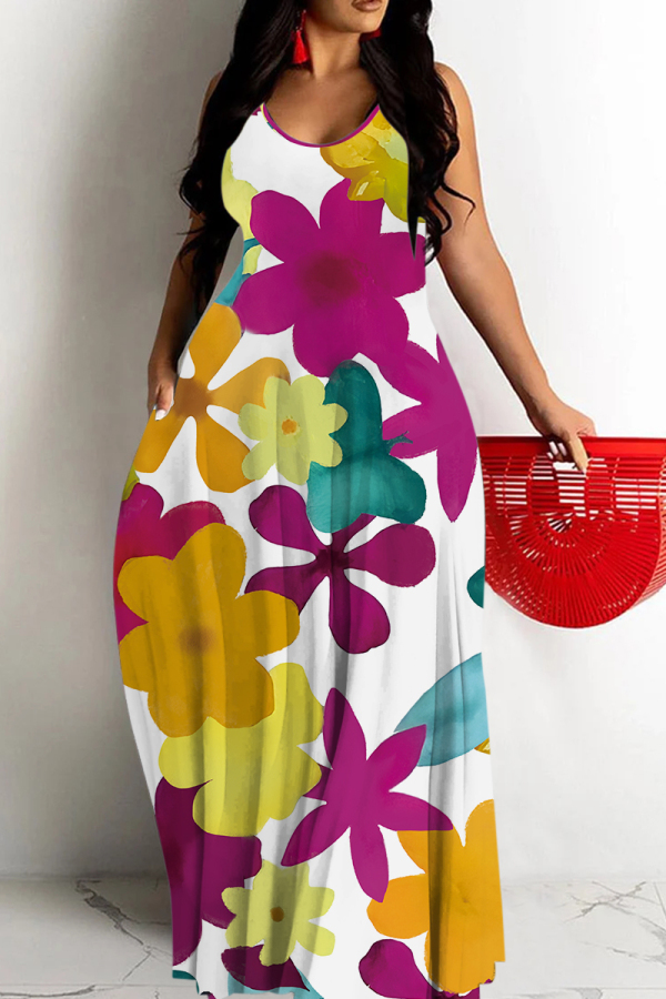 Yellow Purple Sexy Casual Floral Print Backless Spaghetti Strap Long Dresses