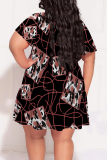 Multicolor Geometric Print Gradient Splashed ink printing Ruffle Contrast V Neck Printed Plus Size Dresses