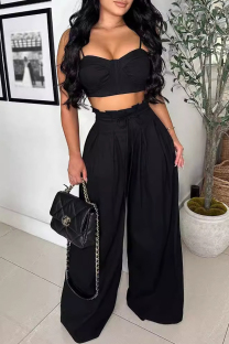 Black Casual Solid Color Patchwork Backless Ruched Strap Design Spaghetti Strap Sleeveless Two Pieces