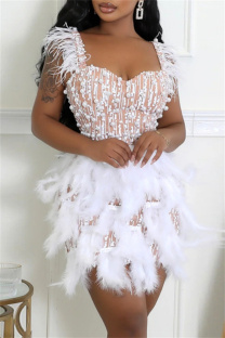 Apricot Sexy Party Formal Patchwork Feathers Pearls Decor Spaghetti Strap Wrapped Skirt Dresses