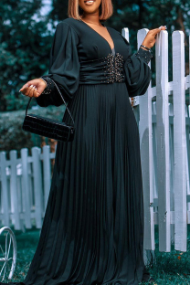 Black Elegant Solid Color Patchwork Beading Ruched Deep V Neck Loose Jumpsuits
