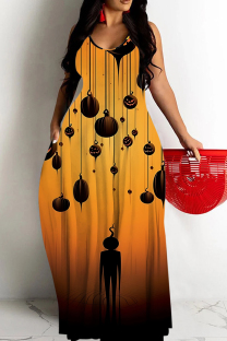 Orange Black Sexy Casual Print Backless Spaghetti Strap Long Dresses