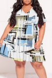 Multicolor Geometric Print Gradient Splashed ink printing Ruffle Contrast V Neck Printed Plus Size Dresses