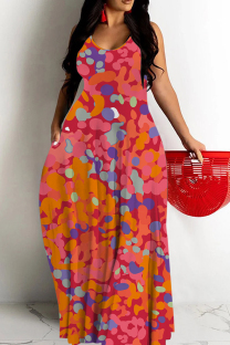 Orange Red Sexy Casual Floral Print Backless Spaghetti Strap Long Dresses