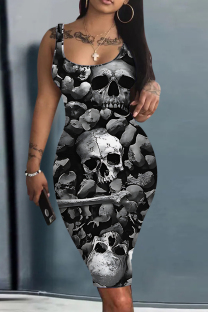 Dark Gray Casual Print Basic U Neck Vest Dresses
