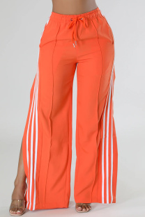 Tangerine Red Casual Stripe Patchwork Slit Regular High Waist Conventional Patchwork Trousers