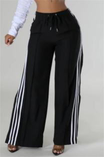 Black Casual Stripe Patchwork Slit Regular High Waist Conventional Patchwork Trousers